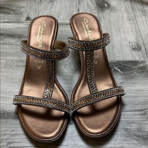 Contesa Bronze Crystal T-Strap Slide Heels with Metallic Finish